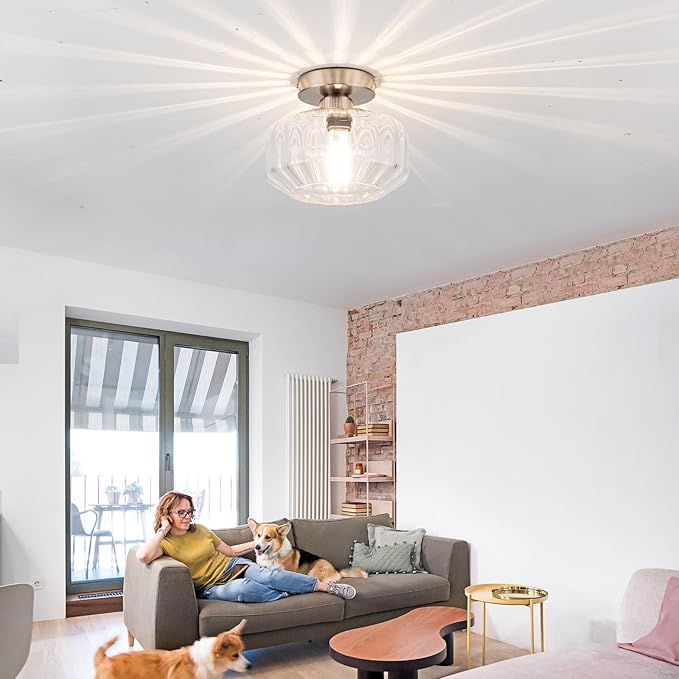 Tbaoinal Semi Flush Mount Ceiling Light with Diamond Glass Shade, 36-Faceted Panels Create Starburst Effect, 1200LM LED Bulb Included Brushed Nickel Ideal for Hallway Entryway Kitchen Bathroom