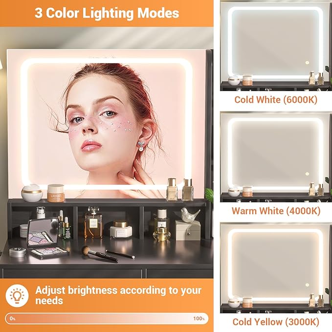 Small Vanity Desk, Vanity Desk with Mirror and Lights, Makeup Vanity Desks with Power Strip, Vanity Table with Drawers and Shelves, Adjustable Lighting, Dressing Table for Bedroom Room, Black