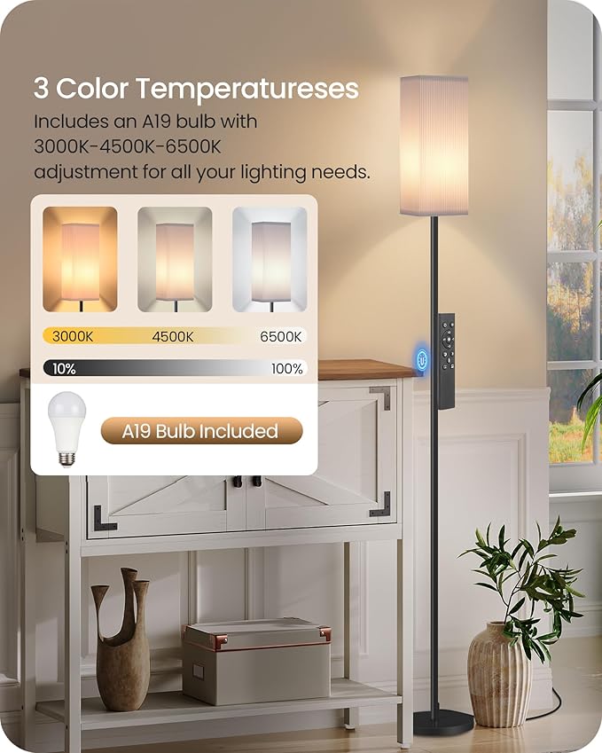 64.2” Dimmable Floor Lamp for Living Room with Remote and Foot Switch, Corner Floor Lamp for Bedroom, Includes 10W A19 Bulb, Modern Standing Tall Lamp, ETL Listed White and Black CW17LD05