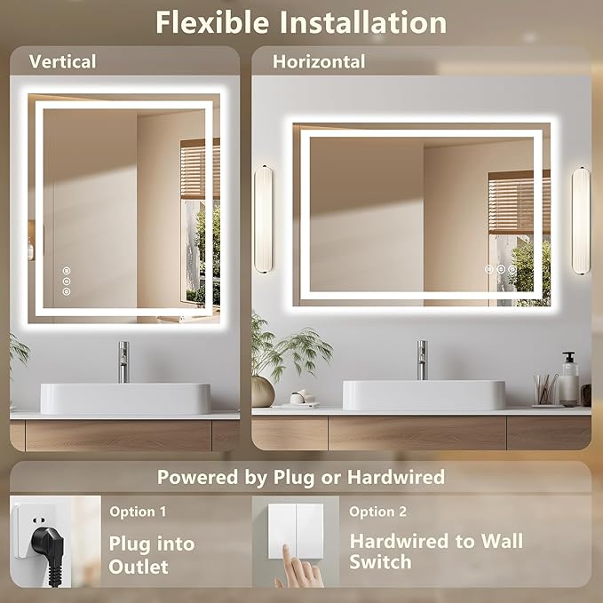 24x30 LED Bathroom Mirror with Lights - Dimmable, Anti-Fog, 3 Color Backlit & Front Lit Mirror for Bathroom, Shatter-Proof Tempered Glass, Easy Installation