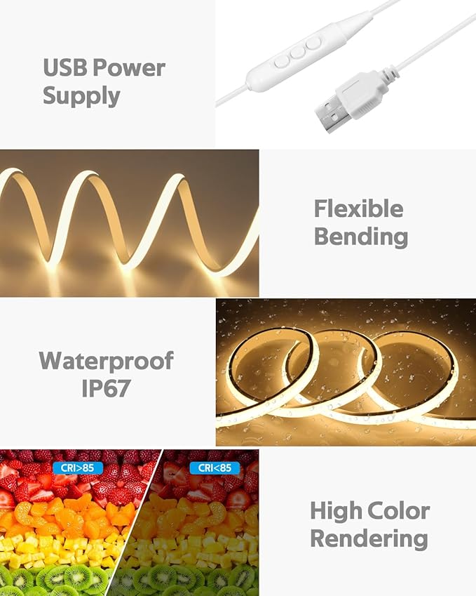USB COB LED Strip Light Waterproof 5V 6.6FT 3000K Warm White COB LED Rope Light for Bedroom with Dimmer High Density 320LEDs/M Tunable Flexible LED Tape Light for TV Backlight Mirror Decor 2M