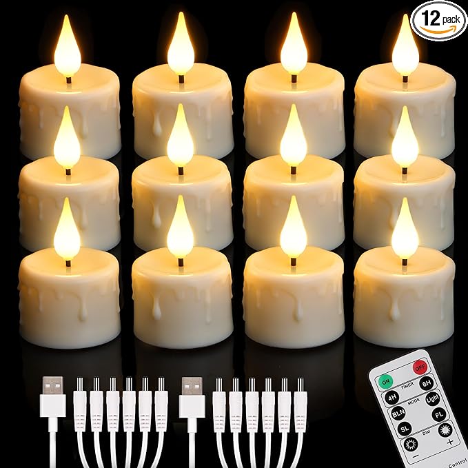 Rechargeable LED Tealight Candle with Remote Control & Timer Flickering FlamelessTea Light Electric Fake Candles with USB Charging Cable for Halloween,Latern,Table,Xmas Decor (12pcs,Warm White)
