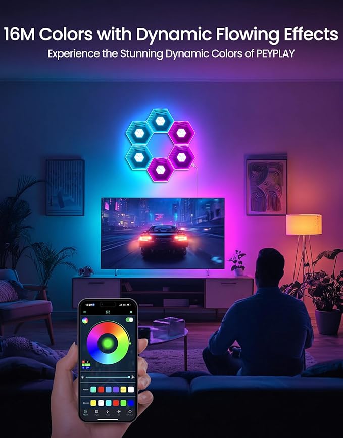 Hexagon Quantum Lights – Modular DIY Wall Panels, RGB+IC 16M Colors with Music Sync, APP & Remote Control, Immersive Lighting for Gaming Rooms, Home Decor, Parties and Gifts