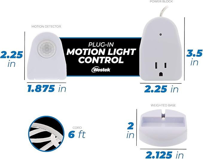Westek Plug In Motion Sensor Outlet Light Control, 2 Pack - Indoor Motion Sensor Device Activates Lights When Motion is Detected - Ideal for Dark Hallways - 25ft Range, 6 Foot Cord (MLC12BC-4)