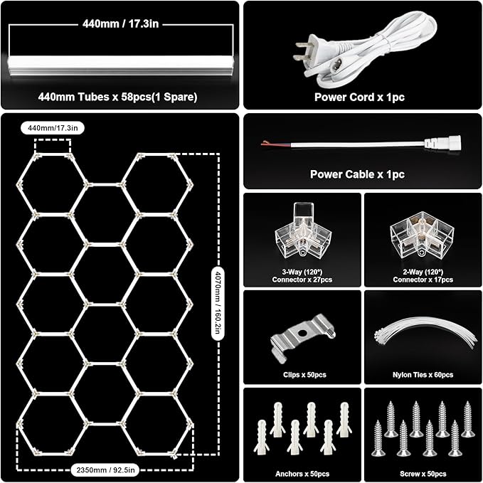 BRILLIHOOD Hexagon Garage Lights, LED Honeycomb Garage Lights, 456W, 54720LM, 6500K Super Bright, 14 Grid Systems Car Detailing Lighting for Warehouse Workshop Basement Gym
