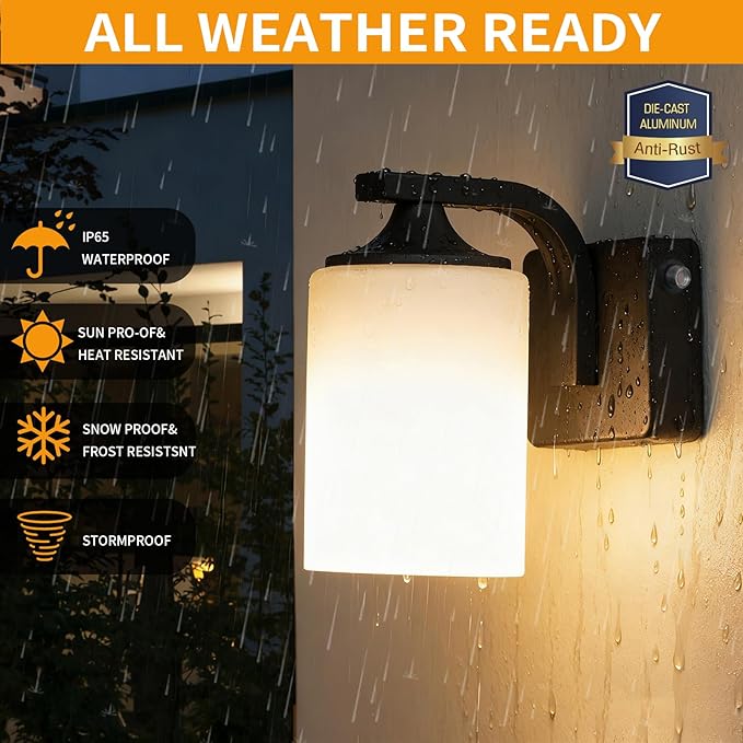 Dusk to Dawn Outdoor Wall Light Sconce, Waterproof Aluminum Porch Light Exterior Fixture with Milk Glass Shade for Patio, Yard, Garden House, Outside, Matte Black