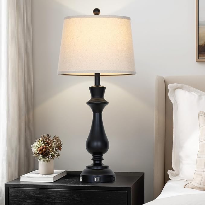 Touch Lamps for Night Stand - 29.5" Tall Bedside Lamp with USB C+A, 3 Way Dimmable Bedroom Lamps, Black Metal Table Lamps for Living Room,Single Black