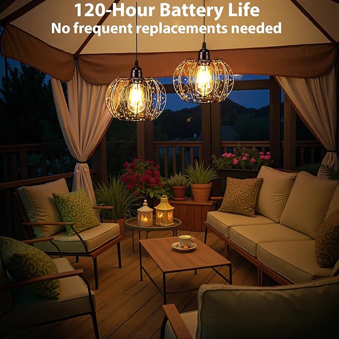 Battery Operated Hanging Outdoor Chandelier, Battery Operated Gazebo Pendant Light Outdoor Waterproof, No Wiring, Powered by 4 AA Batteries, for Gazebo, Porch, Pergola, Decor Lighting (2)