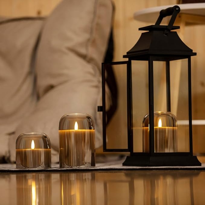 Gray Glass Flameless Candles Set of 3 (Φ 4" H 4" 5" 6") with Remote Battery Operated Flickering LED Pillar Candles Real Wax 3D Wick