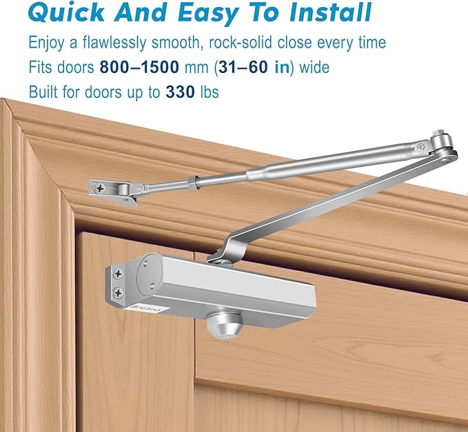 Automatic Door Closer,Heavy Duty Commercial Hydraulic Door Closer, Adjustable Size 1-6 Commercia Heavy Duty for Traffic Areas，Silver Aluminium