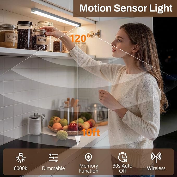 Rechargeable Motion Sensor Light Indoor, 12” LED Under Cabinet Lighting with 3 Modes & Memory Dimming, Stick On Lights for Closet, Kitchen, Hallways (2 Pack)