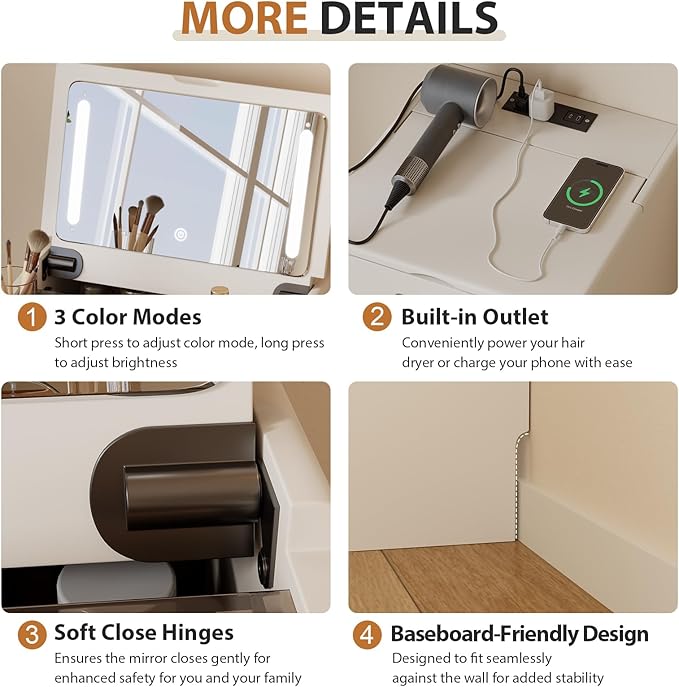 Solid Wood 3 in 1 Vanity Desk with Flip Top Mirror, No Assembly, Compact Vanity with Hidden Chair, Small Makeup Vanity Set with Power Outlet, Dressing Table for Bedroom, White