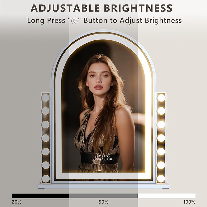 FENCHILIN Arched Vanity Mirror with Lights, 32“ x 26" LED Makeup Hollywood Vanity Mirror with 14 Dimmable Bulbs& LED Strip Smart Touch Control Detachable 10X Magnification White