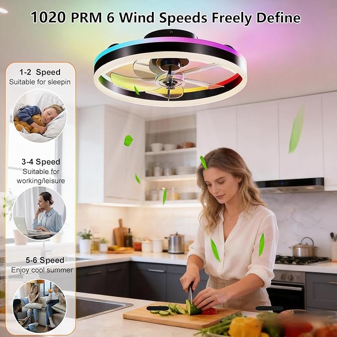 RGBW Ceiling Fan with Light, 20" Flush Mount Low Profile Smart Fan Light with App & Remote Control, 6 Speeds Reversible, 3CCT Dimmable LED Bladeless Fandelier Quiet DC Motor for Bedroom Living Room