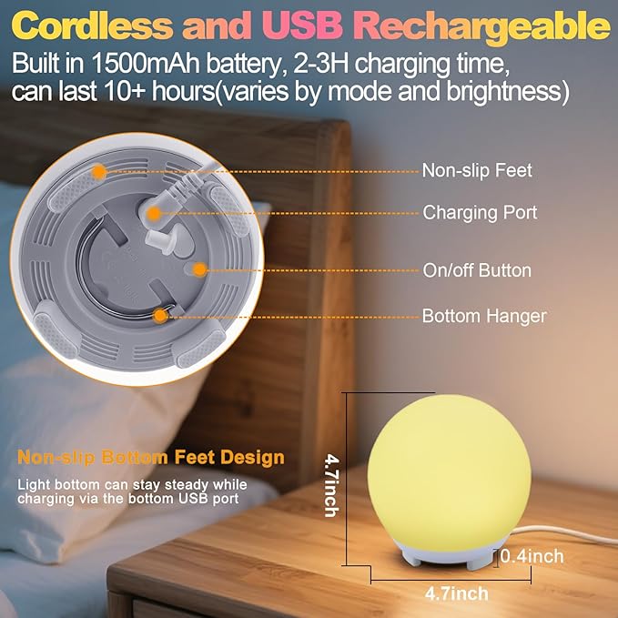 16-Color USB Rechargeable LED Ball Night Light with Remote, 4 Modes & 8 Brightness, 4.7 Inch Compact Mood Light for Bedroom, Parties, Holidays Shower,Party,Christmas Decor