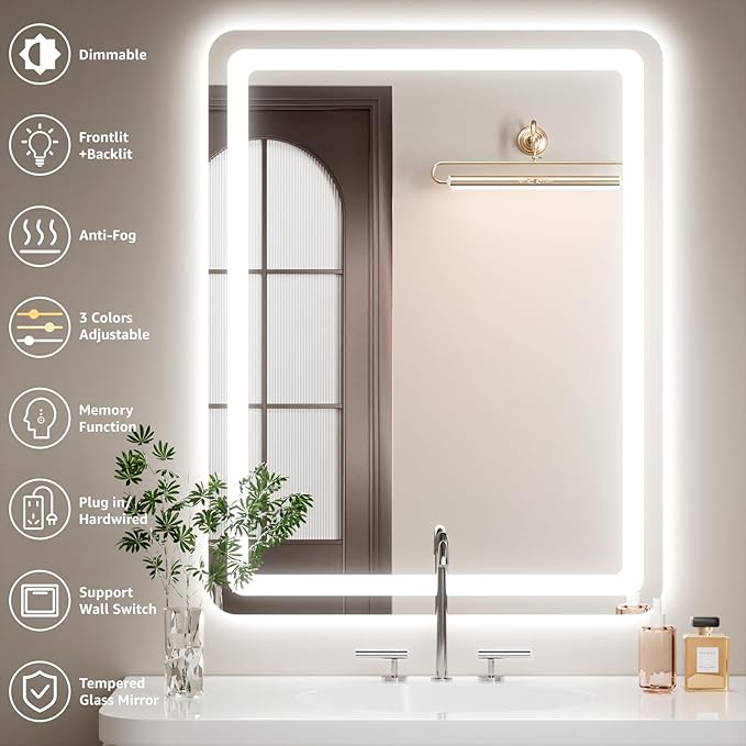 55" x 36" Led Bathroom Mirror with Lights, Anti-Fog & Tri-Color Lighting - Wall Mounted Shaving Mirror with Touch Sensor, Waterproof & Smart LED Vanity Mirror,Tempered Glass, Dimmable Smart Mirror