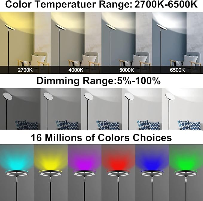 Keepsmile Silver Double Side Lighting LED Floor Lamp with Remote Smart App 36W 2600LM Bright Tall Standing RGB Floor Lamp Angle Multicolor Dimmable Modern Floor Lamps for Living Room Bedroom
