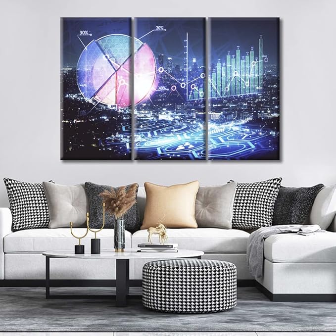 TUMOVO Business and Financial Concept Wall Decor for Living Room 3 Piece Financial Graph on Night City Scape with Tall Buildings Pictures Print on Canvas Ready to Hang (60" Wx40 H)