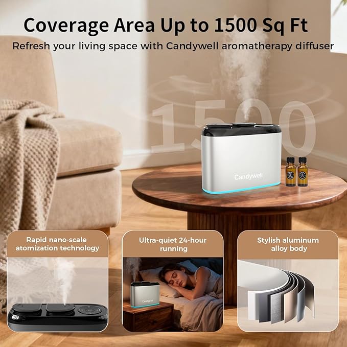 Smart Waterless Essential Oil Diffuser with Dual Nozzle & App Control, Cold Air Tech Diffuser for 1500 Sq Ft, with 4 Timer & Mist Levels, Hotel Scent Diffuser for Home & Office
