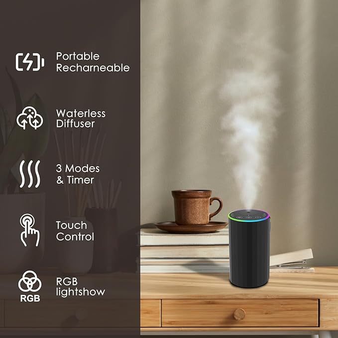 Waterless Essential Oil Diffuser, 7 Colors LED Light, Battery Powered Mini Scent Air Machine, Aromatherapy Mist Diffuser for Home Room Car Office，Black Aluminum Alloy (Black)