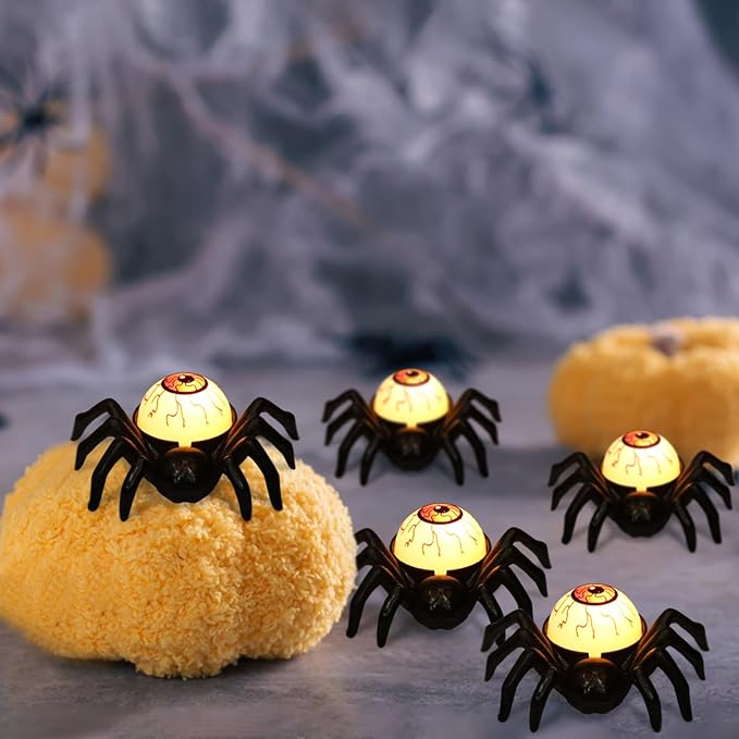 DRomance Halloween Flameless Flickering Candle Lights Battery Operated with 6H Timer, Spooky Spider Red Eyeballs Shaped LED Candles Cute Halloween Decoration Indoor(6 Pack, 2.8" x 3.5" x 1.3")