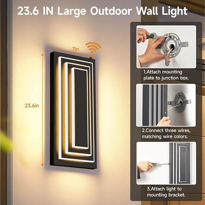 Dusk To Dawn Led Outdoor Wall Light, 3 Tier Modern Exterior Lights For House, 15.7 IN Black Outdoor Porch Lights Wall Mount, 24W Warm White Outside Light Fixtures For Patio, Front Door, 1 Pack