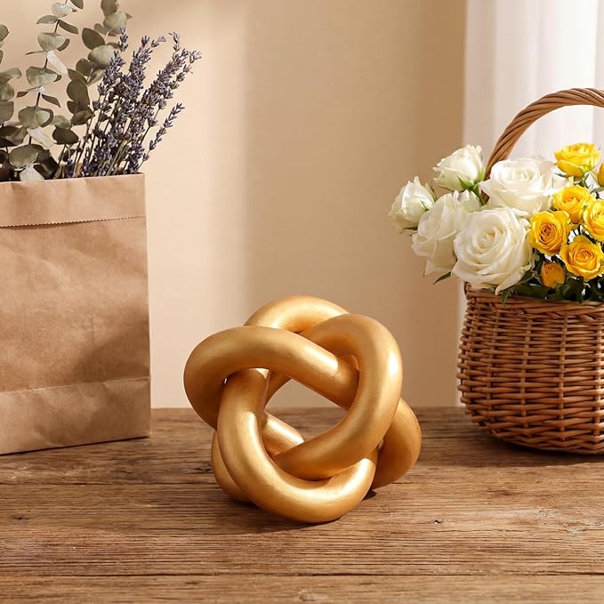 3 Link Wood Knot Decor Rustic Home Décor Accents Hand Carved Coffee Table Decoration, Boho Chain Link Decoration, Modern Shelf, Rustic Objects for Home Living Room Bedroom(Gold)