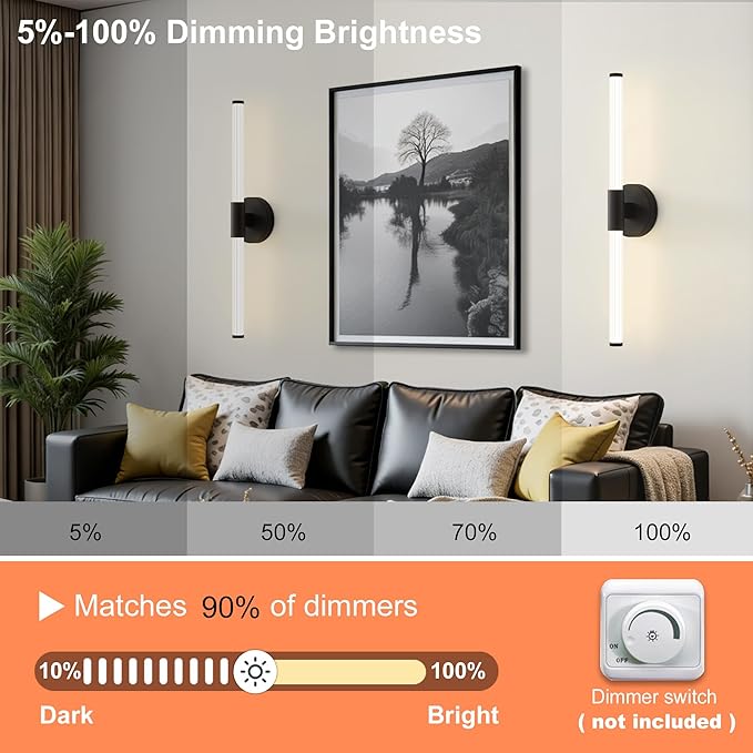 Dimmable LED Bathroom Vanity Lights 360° Full Lighting Bathroom Light Fixtures Over Mirror Vanity Light Bar Modern Wall Sconce 4000K Natural White Light for Home Hardwired, Black, 24 inch