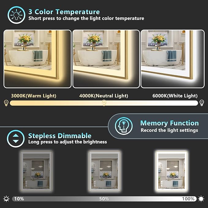 24x36 Gold LED Bathroom Mirror with Lights, Brushed Gold Framed Backlit and Front Lit Anti-Fog Lighted Vanity Mirrors for Bathroom Wall, Dimmable, 3 Colors, Memory, HD Tempered Glass, CRI＞90