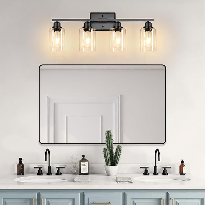 Ascher Bathroom Light Fixtures, 4-Light Vanity Lights with Clear Glass Shade, Modern Black Finish Wall Light for Mirror Bedroom Hallway Cabinet Porch