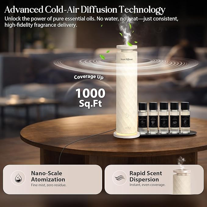 Waterless Scent Diffuser Starter Kit with 5 Oils, Luxury Hotel Style Cold Air Diffuser Oil Machine for Home, 1000 Sq Ft Coverage, Quiet Nebulizing Aromatherapy with Remote, Tower Fabric Design, Cream