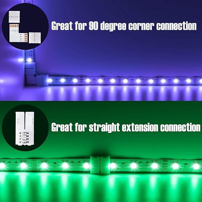 JACKYLED 20Packs L Shape 4-Pin LED Connectors with 22Pcs Clips 10mm for Strip Lights - 10mm 4pin