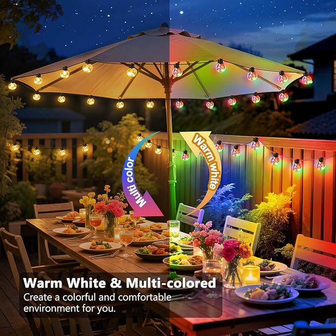 Outdoor String Lights Battery Powered, 22ft 20 G40 Warm White & Multicolor LED Bulbs Hanging Patio Lights Dimmable with Timer & Remote, IP65 Waterproof for Indoor Backyard Balcony Decor