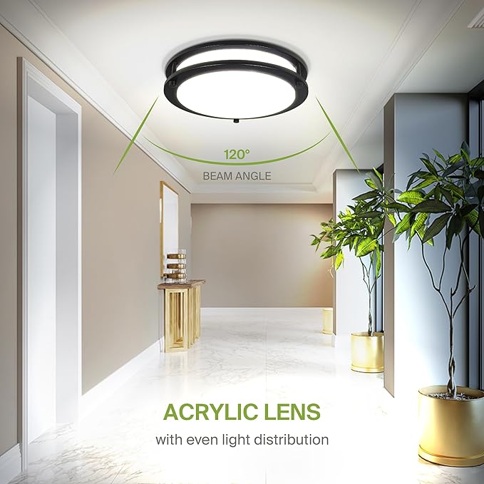 ASD LED 10" Round Flush Mount Lighting, Close to Ceiling Light Fixture | 3CCT, Dimmable, Energy Star, ETL Listed | 16W 1041LM 3000K-5000K 120V | Low Profile Double Ring Lamp | Black