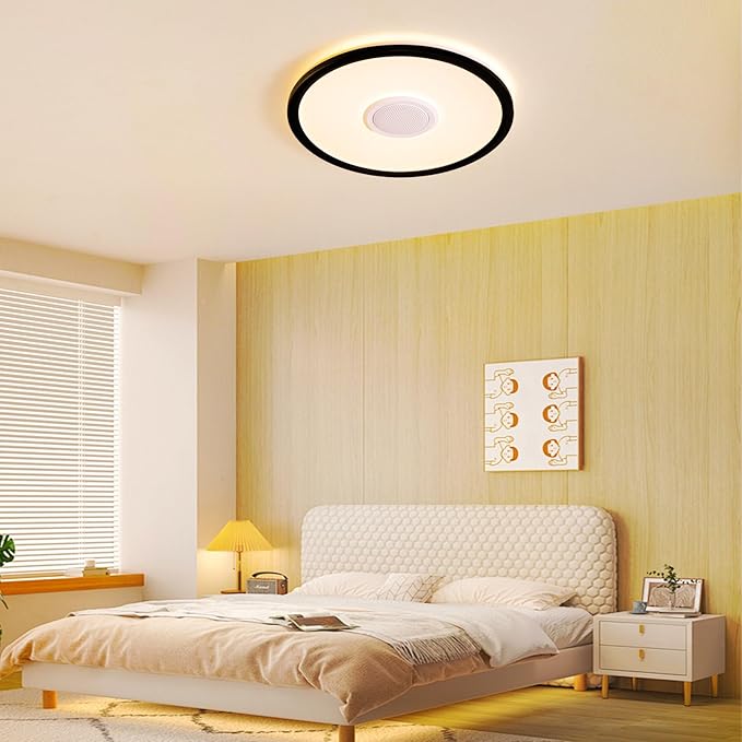 RGB LED Ceiling Light, with Bluetooth Speaker, 24W 11Inch Smart Music Ceiling Lamp with App and Remote Control, 3000K-6500K Color Changing Lights Fixture for Child Bedroom Bathroom, Black