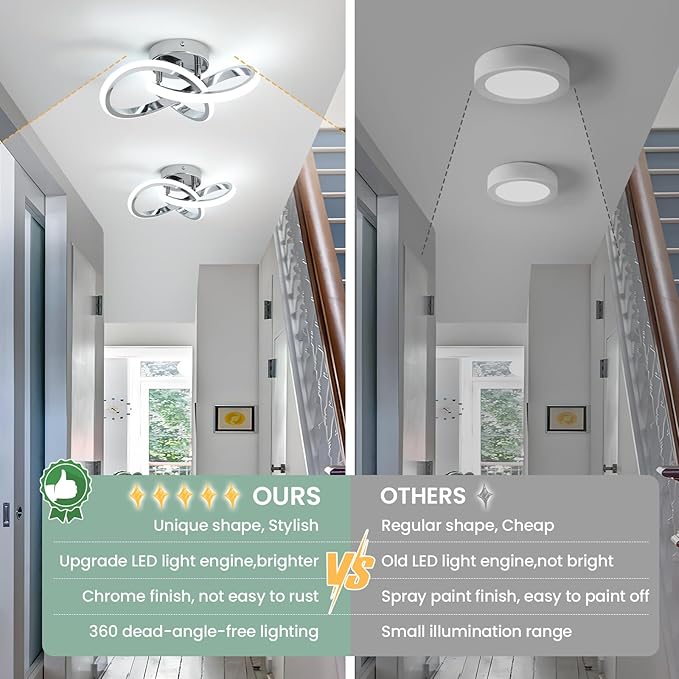 Modern LED Ceiling Lights, 9.5in Chrome Hallway Ceiling Light fixtures 22W Cool White 6000K, Flush Mount Ceiling Light for Kitchen,Aisle, Entrance, Bedroom, Bathroom, Living Room