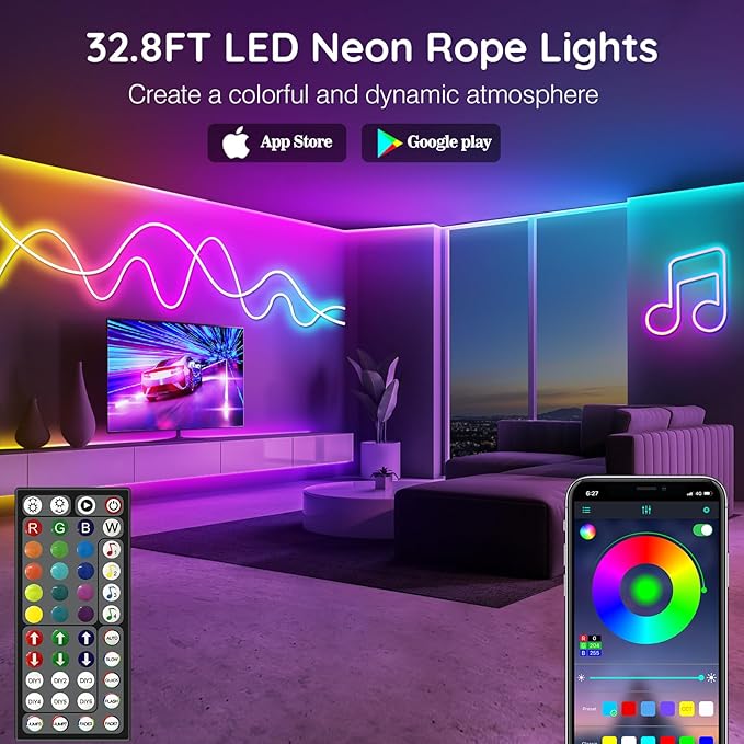 LETIANPAI 32.8FT Neon Rope Lights,Flexible Led Rope Lights Control with App/Remote,Multiple Modes Music Sync Gaming RGB Led Neon Lights for Bedroom Outdoor