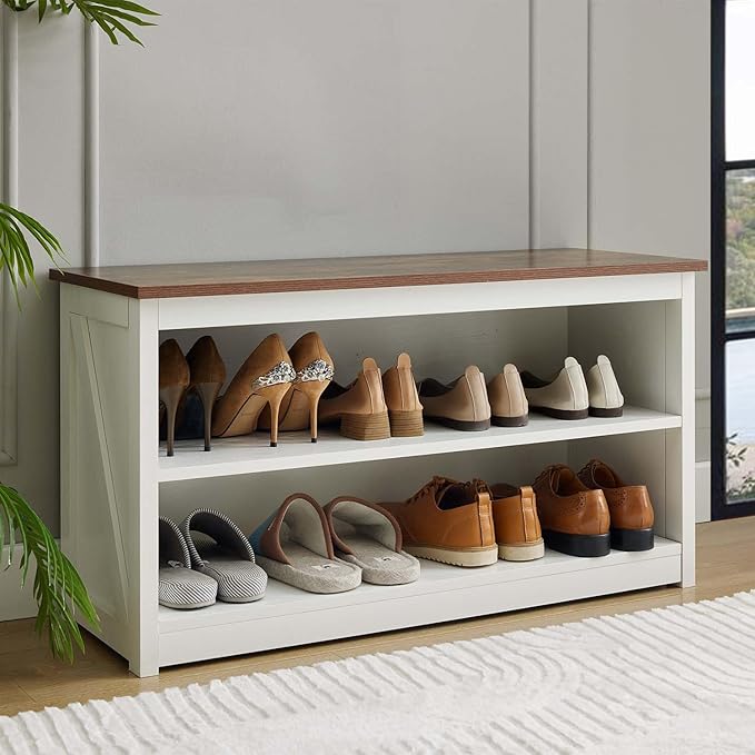 Farmhouse Storage Bench with 2-Tier Open Shelf, Shoe Bench with Cushion for Entryway, Mudroom, Hallway, Living Room & Bedroom Organization, White