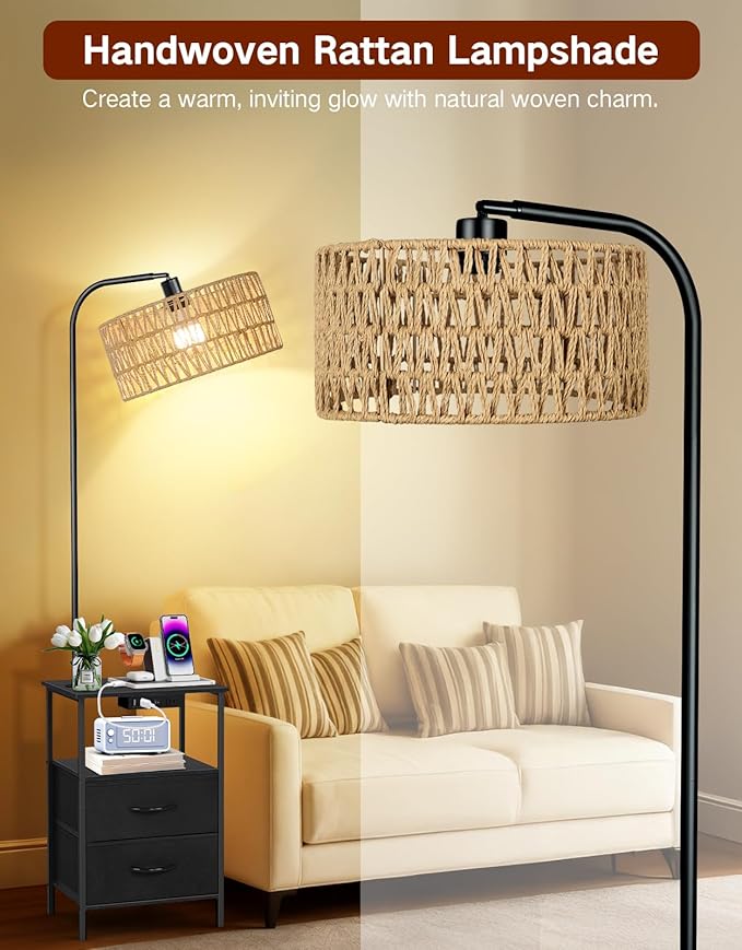 Floor Lamp with Table, 2 Drawers & Rattan, Side End Table with Charging Station, Dimmable Nightstand with 3 Color Temperature, 1-Hour Timer, 12W LED Bulb, for Living Room, Bedroom(Black)