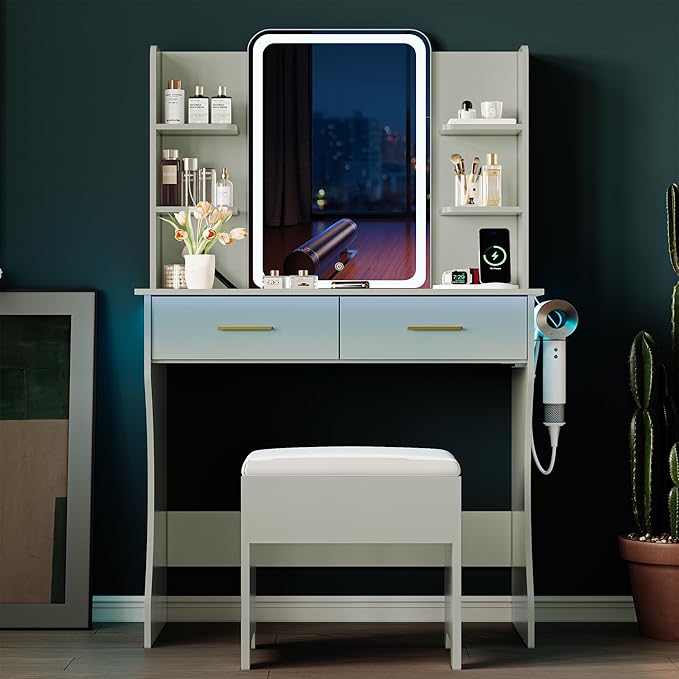 Vanity Desk with LED Lights Mirror & Power Outlet, Small Makeup Vanity Table Set with Storage Drawers & Chair, 3 Lighting Modes & Adjustable Brightness, Dressing Table for Women Girls Bedroom, Green