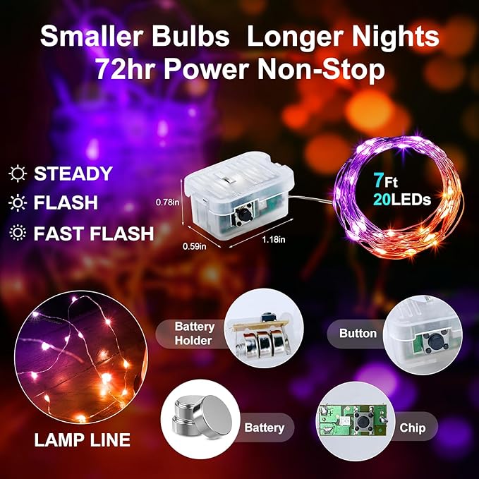 Aogist 50 Pack Fairy Lights 3 Modes 7ft 20 LED Waterproof,Battery Operated Silver Wire Firefly Starry Moon Mini String Lights for Mason Jars Christmas DIY Crafts Wedding Party Bedroom,Orange&Purple
