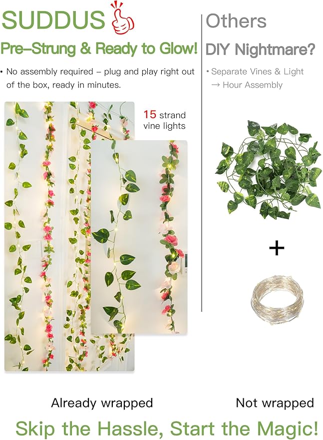 suddus 300 LED Artificial Flower Garland Pothos Vines Curtain Lights, Rose Vines Fairy Lights for Bedroom, Hanging String Lights for Wall, Room, Dorm, Wedding, Party, Indoor Decor 6.56ft x 6.56ft