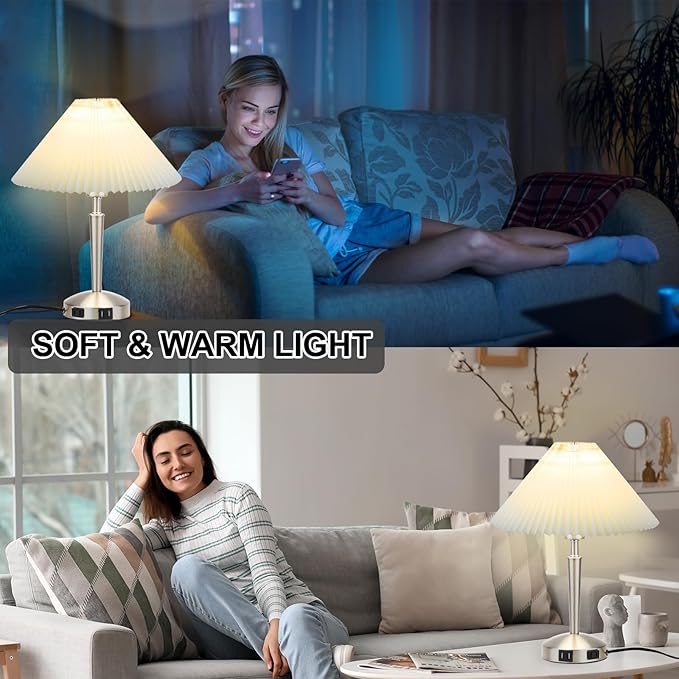 Touch Bedside Table Lamp - Modern Small Lamp for Bedroom Living Room Nightstand, Desk lamp with Fabric Lamp Shade, Warm LED Bulb, 3 Way Dimmable, Simple Design Mother's Day Gifts (Silver)