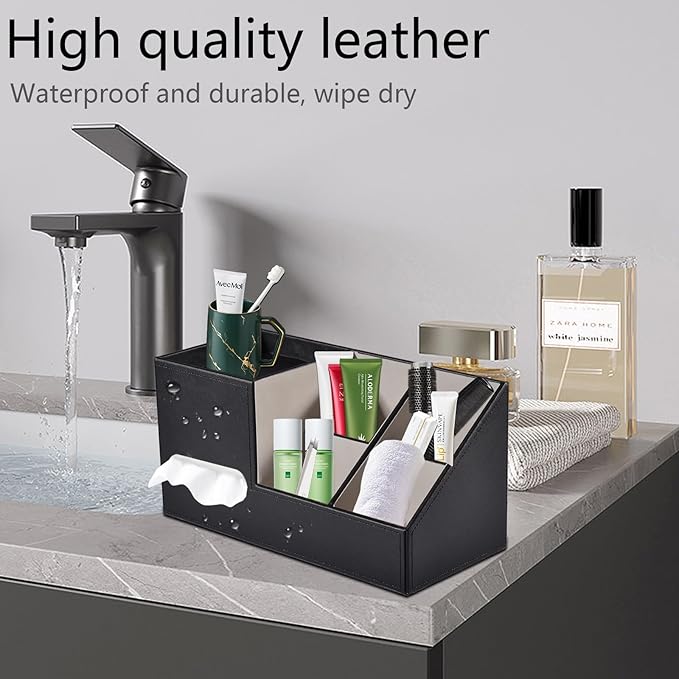 Plus Size Tissue Box Cover-Square Tissue Cover with Side Storage and Tray,Modern Makeup Organizer,PU Leather Tissue Holder Decorative Cube Organizer for Living Room Vanity NightStand Office,Black