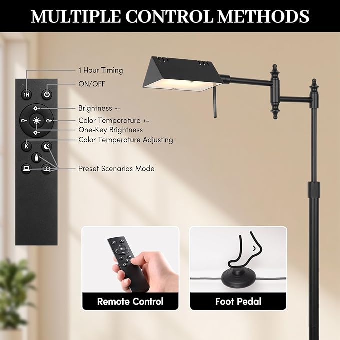 Dimmable Pharmacy Floor Lamp with Remote, 17W LED Reading Floor Lamp with 360°Swing Arm, 3 Color Temperature, Height Adjustable Black Standing Task Lamp for Living Room, Bedroom, Black
