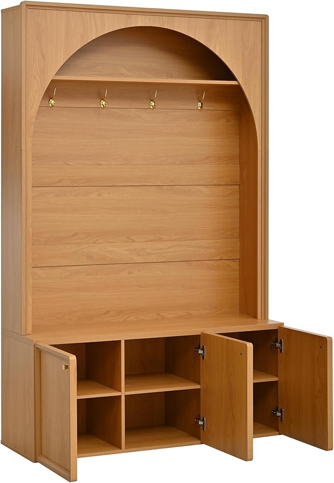 LUMISOL Farmhouse Hall Tree with Adjustable Shelves for Entryway, Arched Design Coat Rack with 4 Golden Hooks, Entryway Bench with 3 Cabinets for Mudroom, Retro Hall Cabinet for Living Room, Natural