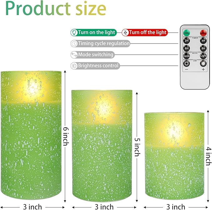 Green Flameless Candles with Remote, Glass Flickering Battery Operated LED Pillar Candles with Timer, Real Wax, Set of 3 x4/5"/6"