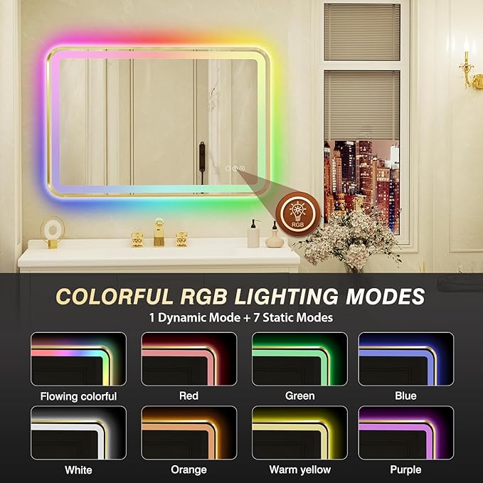 24x36 Inch Gold Framed LED Bathroom Mirror with Lights,Smart Bathroom Mirror,RGB,Anti-Fog,Stepless Dimmable & 3 Colors,Memory,Vanity Mirror for Wall