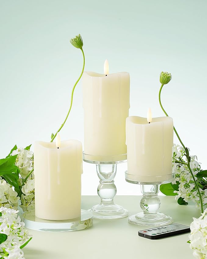 Ivory Flameless Candles with Remote and Timer, Real Wax Made Wax Drip LED Pillar Candles Battery Operated with 3D Flickering Flame Melted Top - 3" x 4",5",6" - Set of 3