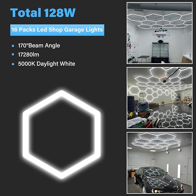 ALLYES KX Hexagon LED Garage Light, Dimmable Hex Shop Lights 6500K 17280LM 128W, Brightness Adjustable Led Ceiling Lights for Shop Garage Gym Workshop Basement